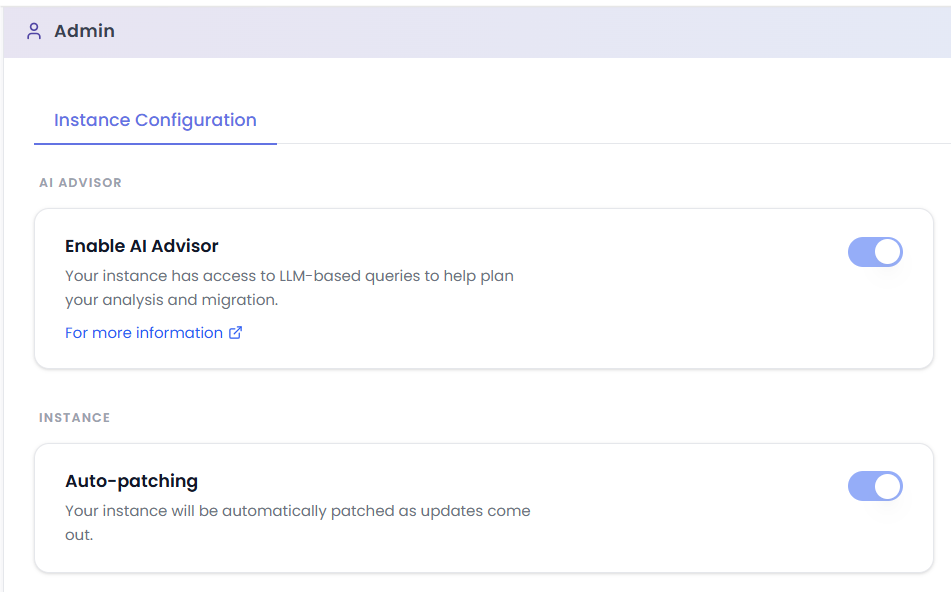 Instance Configuration interface showing the LLM access toggle