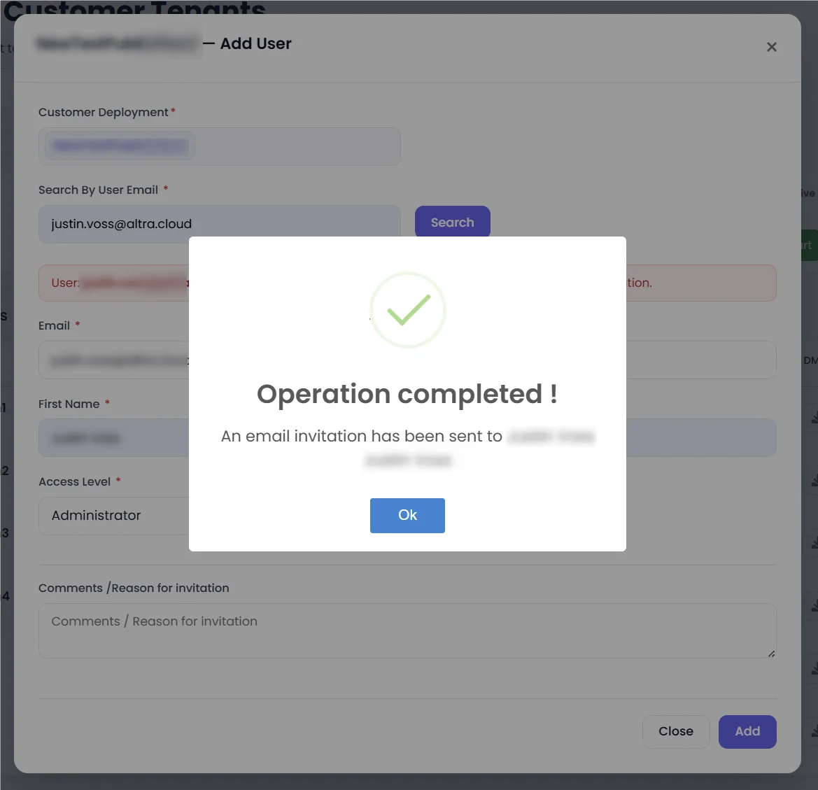 Operation completed dialog confirming the invitation email has been sent