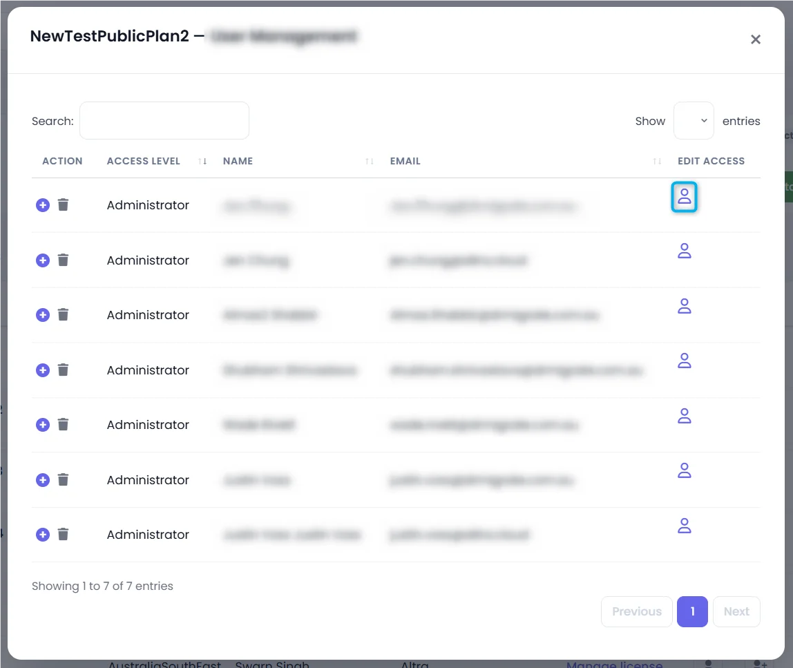 User Management dialog showing a list of users with Access Level, Name, Email and Edit Access columns