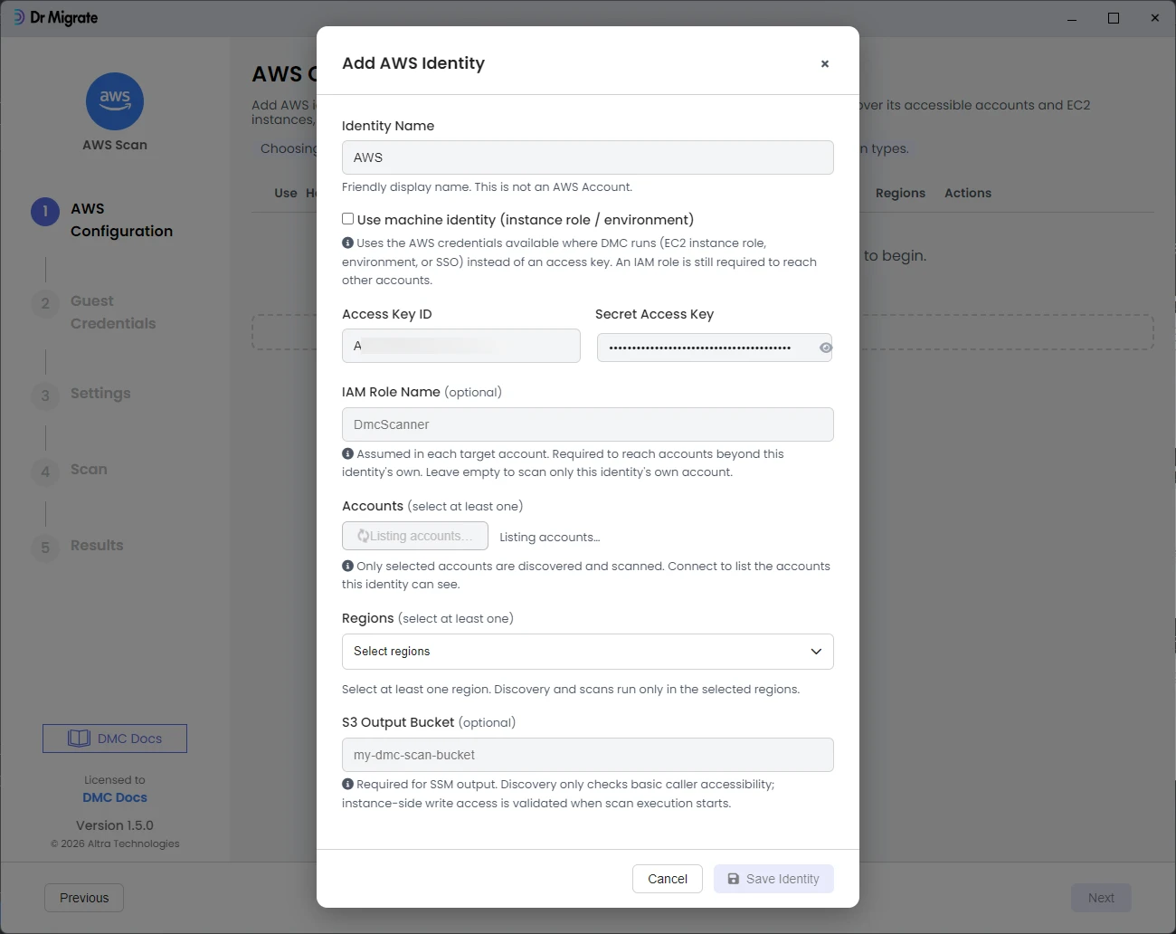 DMC listing AWS accounts visible to the collector identity