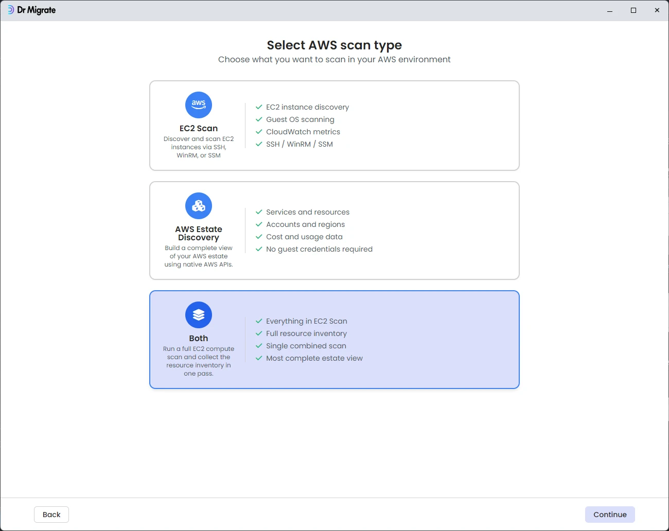 DMC AWS scan type selection screen