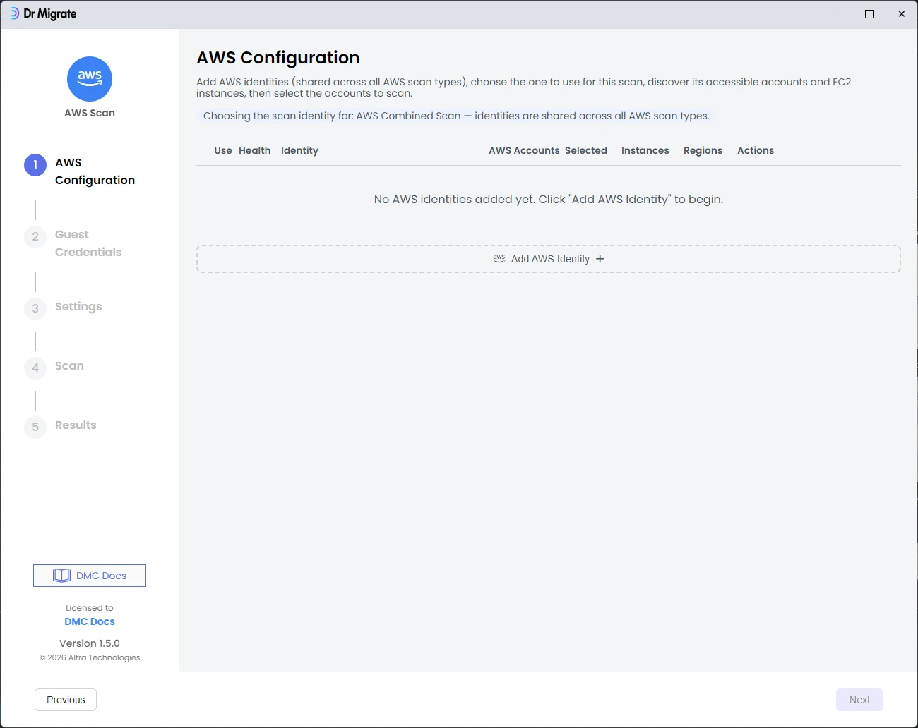 AWS Configuration screen before adding an identity