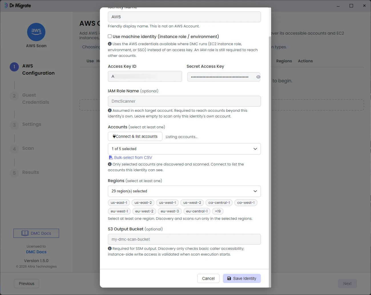 AWS Identity form with regions selected