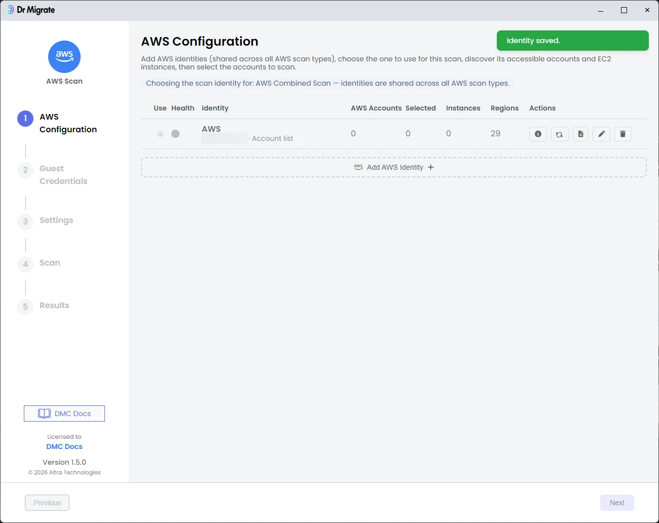 AWS Configuration screen with identity saved