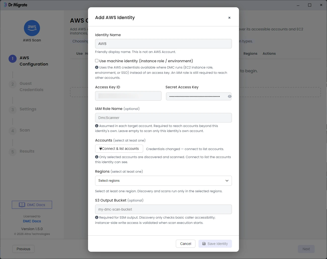 Add AWS Identity form filled with masked credentials