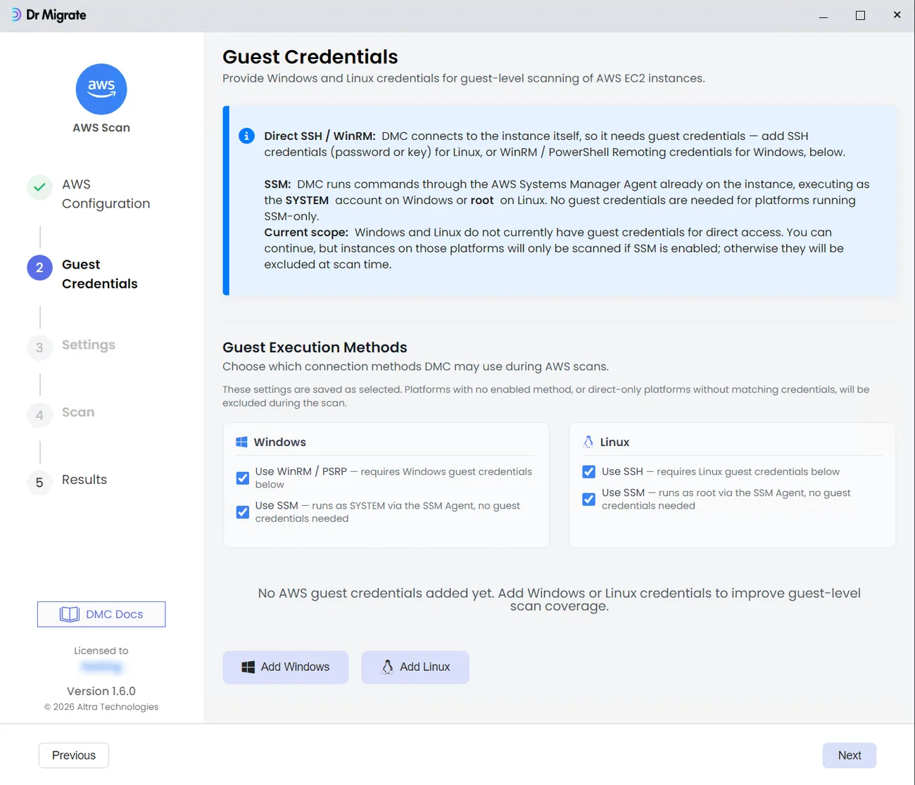 Guest Credentials step of the AWS scan wizard showing the Guest Execution Methods options for Windows and Linux