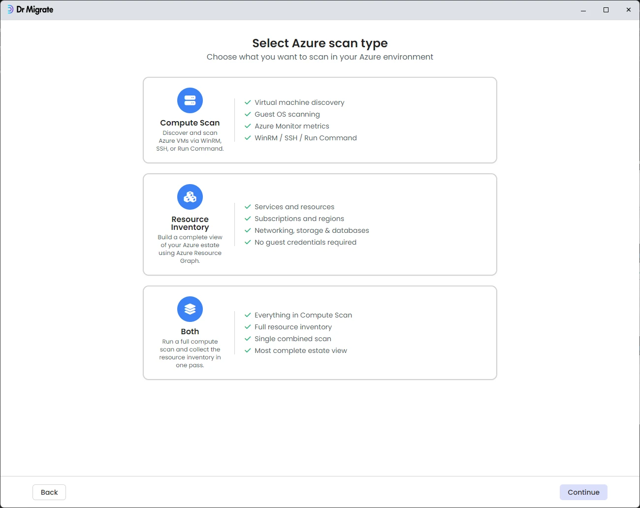 DMC Azure scan type selection screen