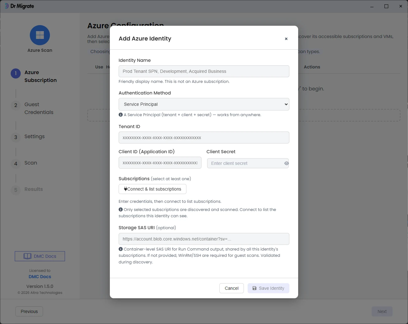 Add Azure Identity form, empty