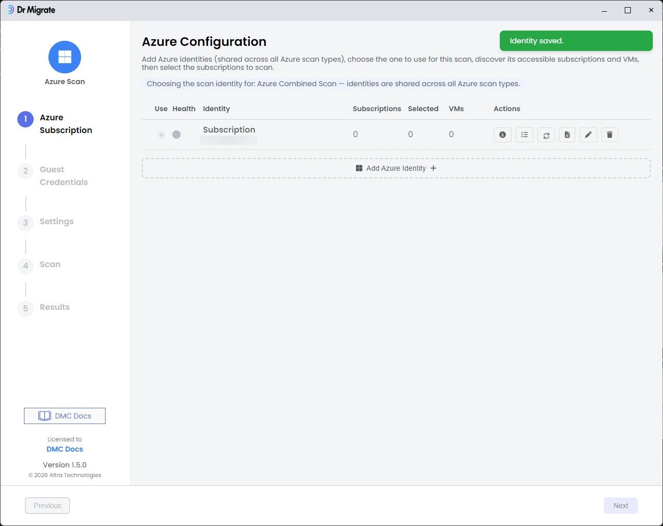 Azure Configuration screen with identity saved
