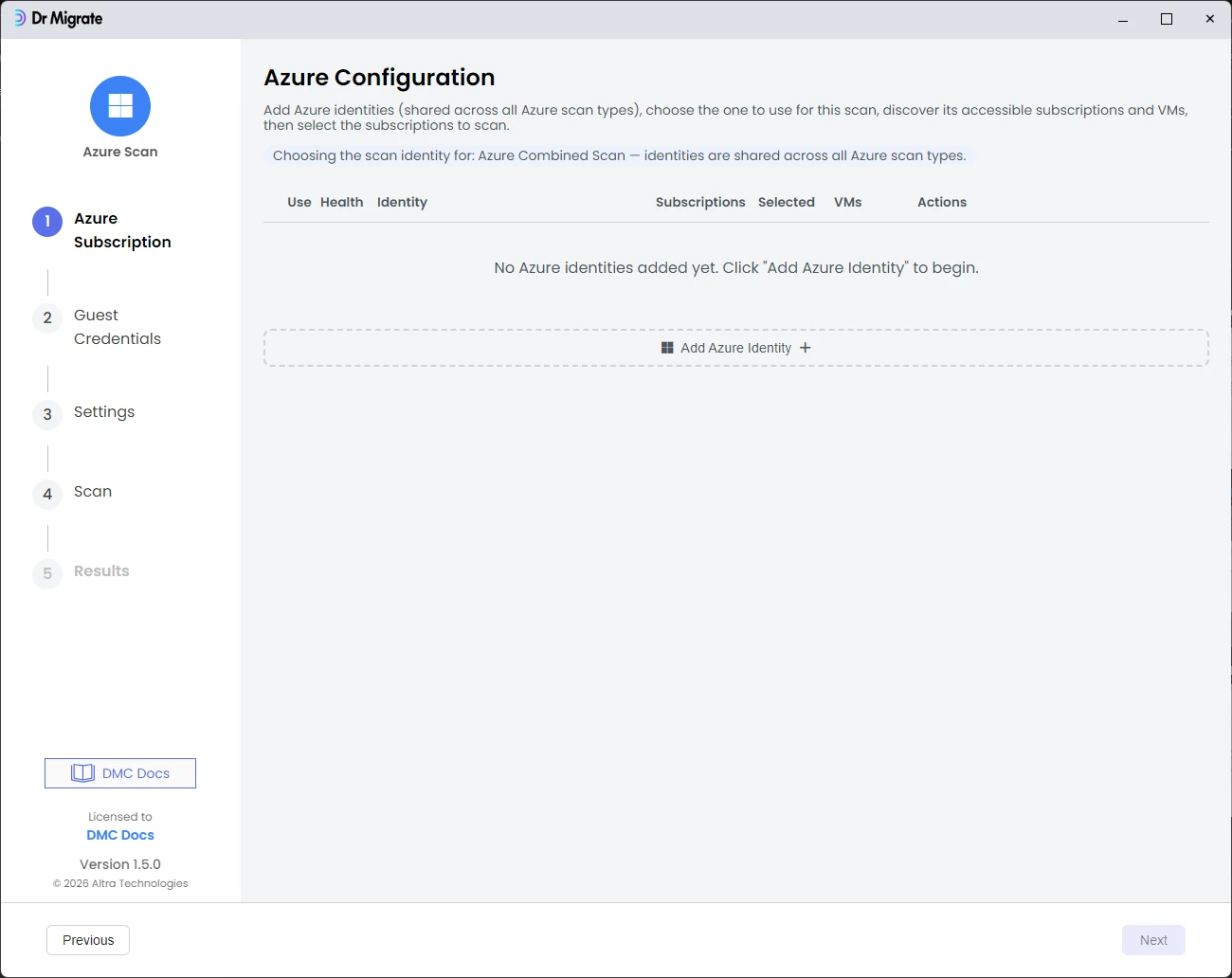 Azure Configuration screen before adding an identity