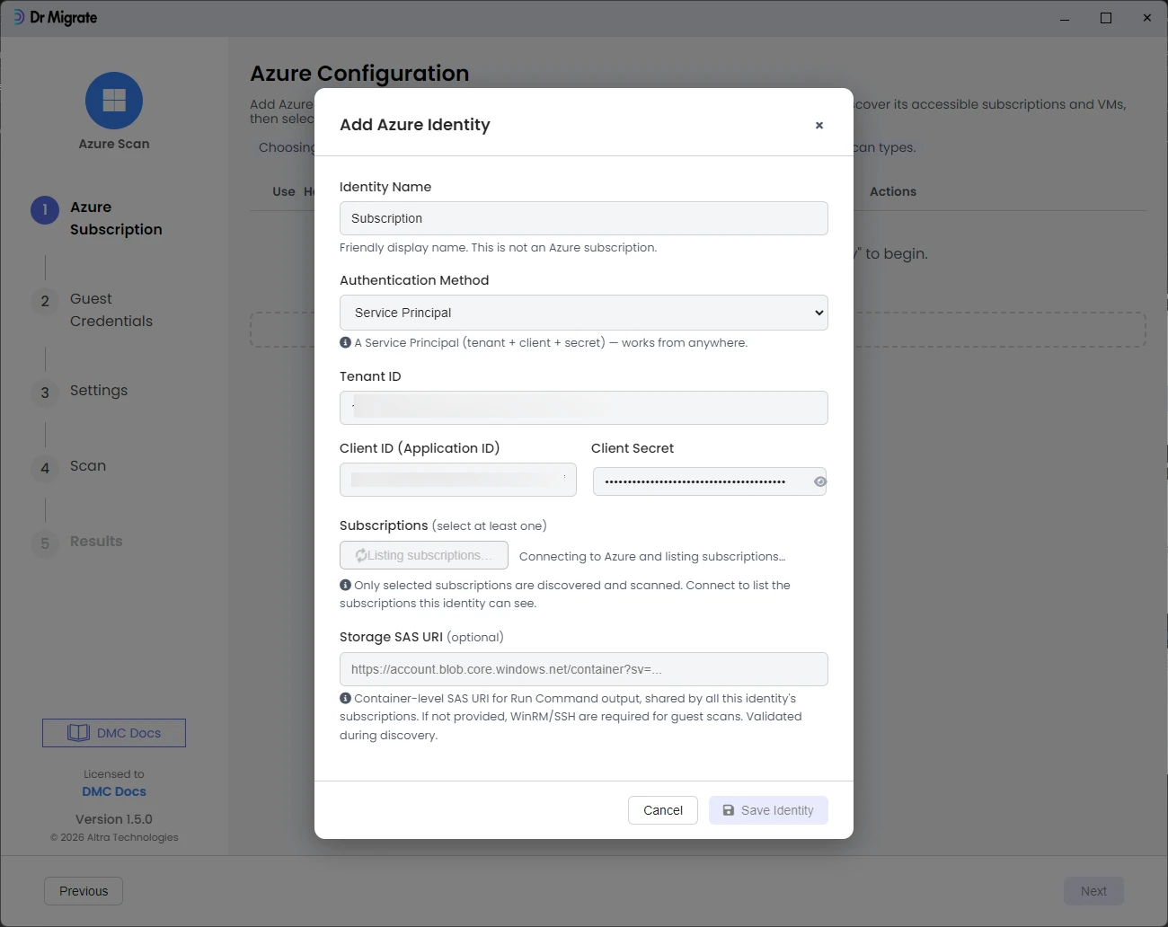 Add Azure Identity form filled with masked credentials