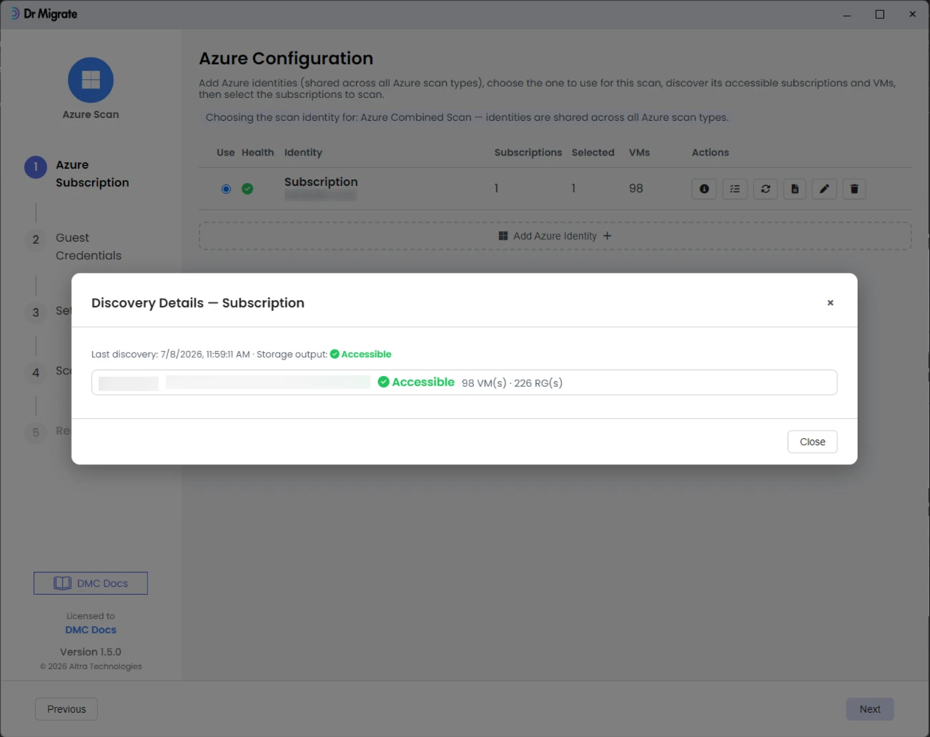 Discovery Details modal showing subscription inventory