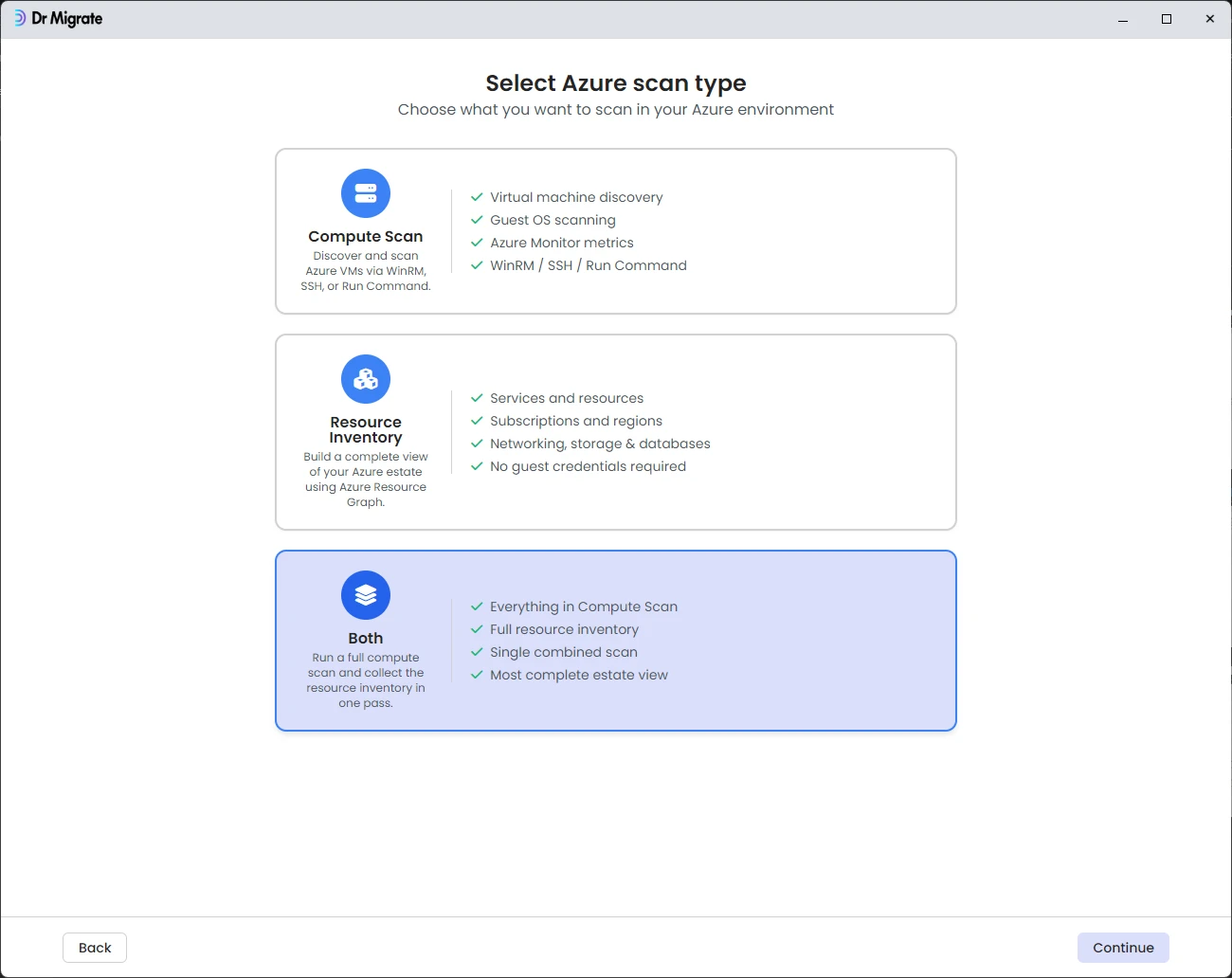 DMC Azure scan type selection screen with Both selected