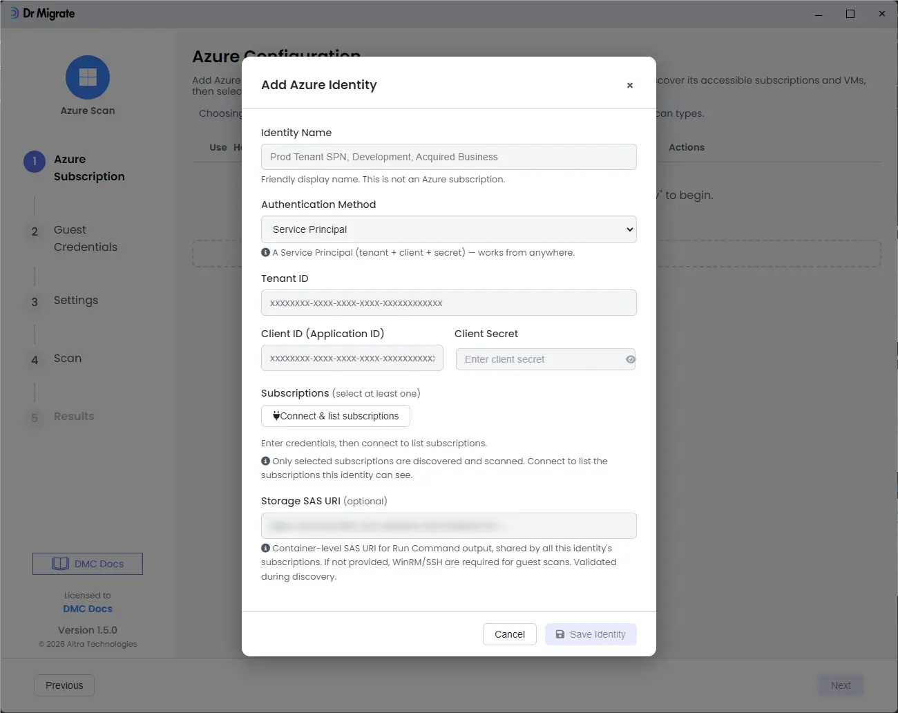 Add Azure Identity form, empty