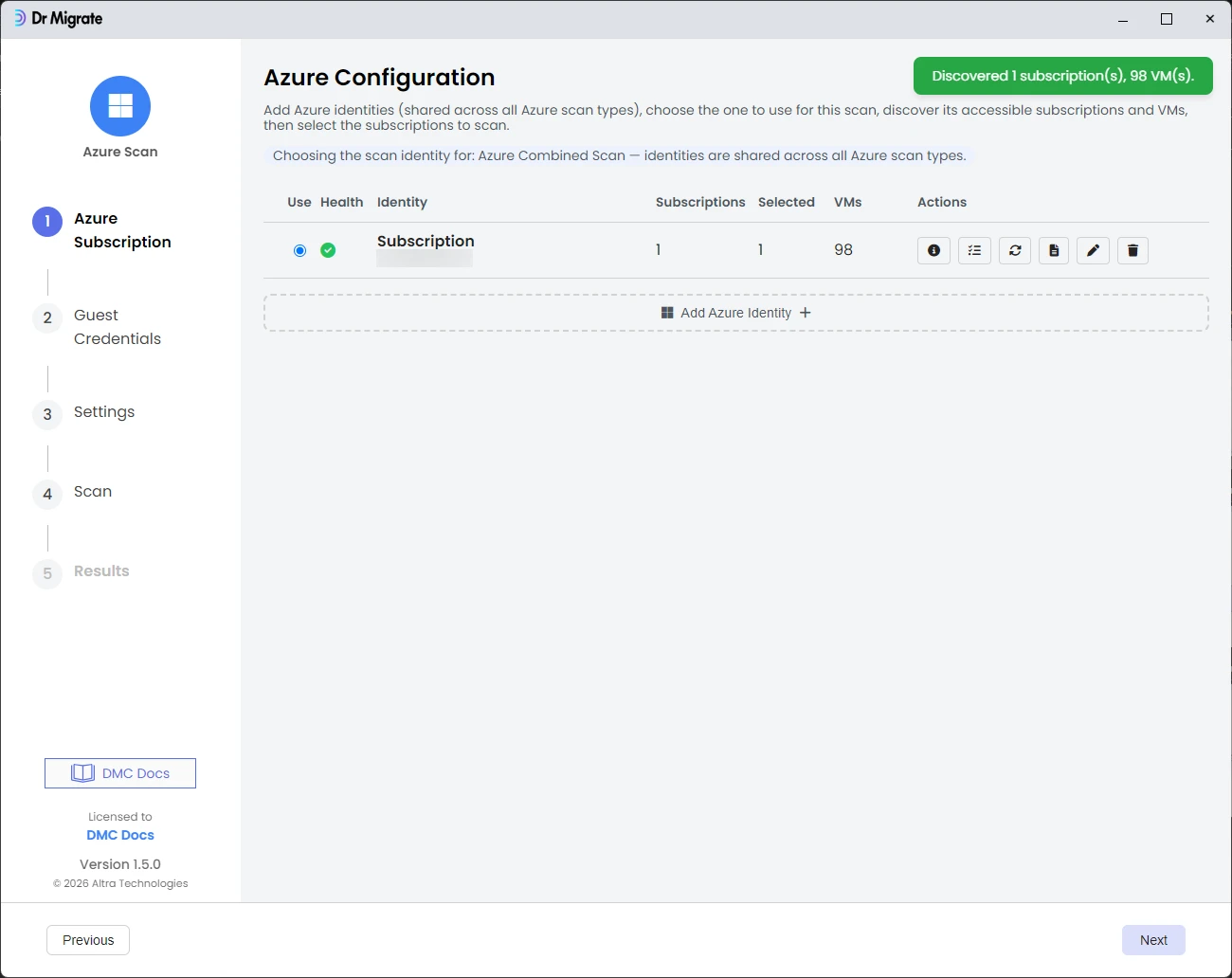 Azure Configuration screen showing discovered VMs and resource groups