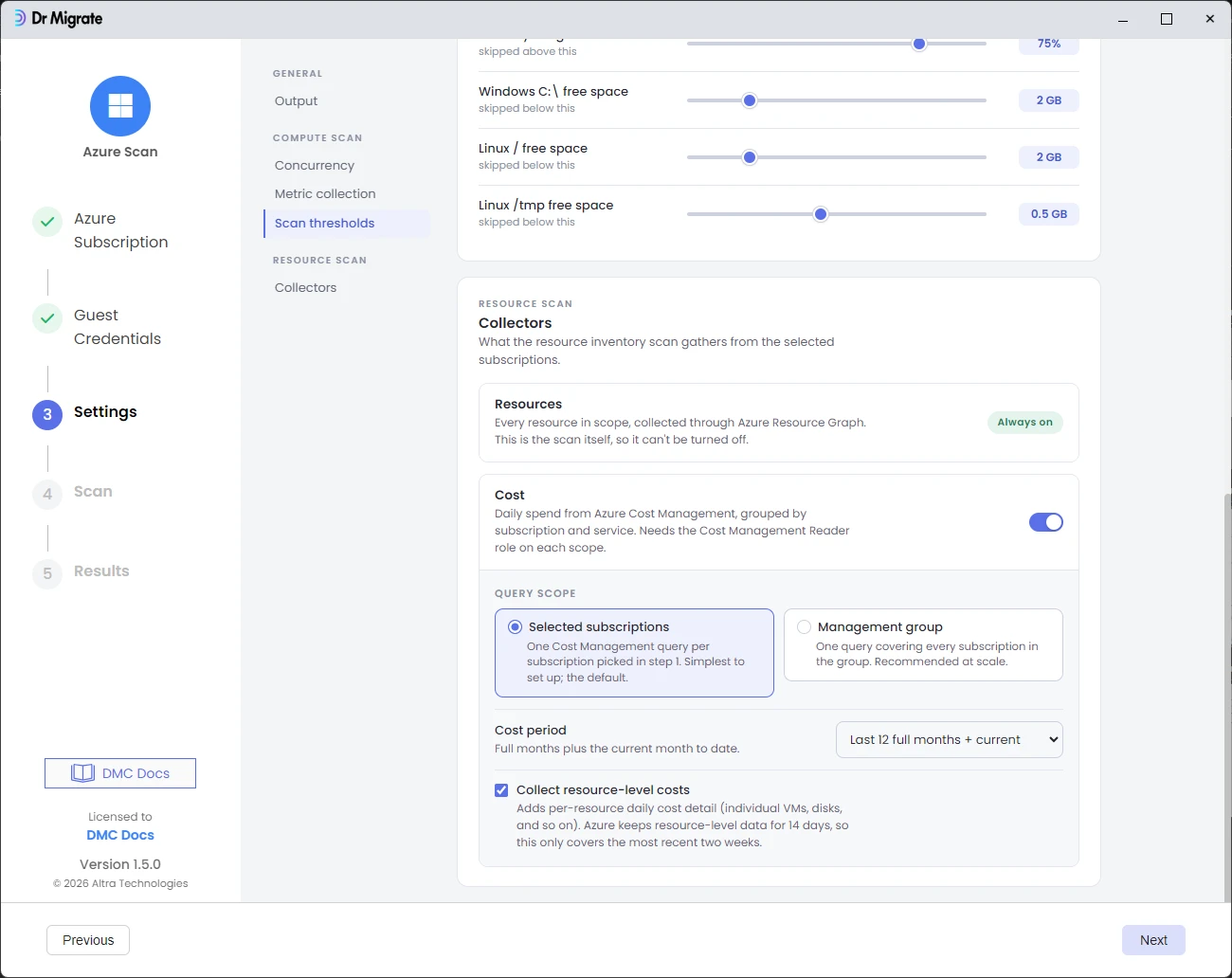 Settings screen, Compute tab showing scan thresholds