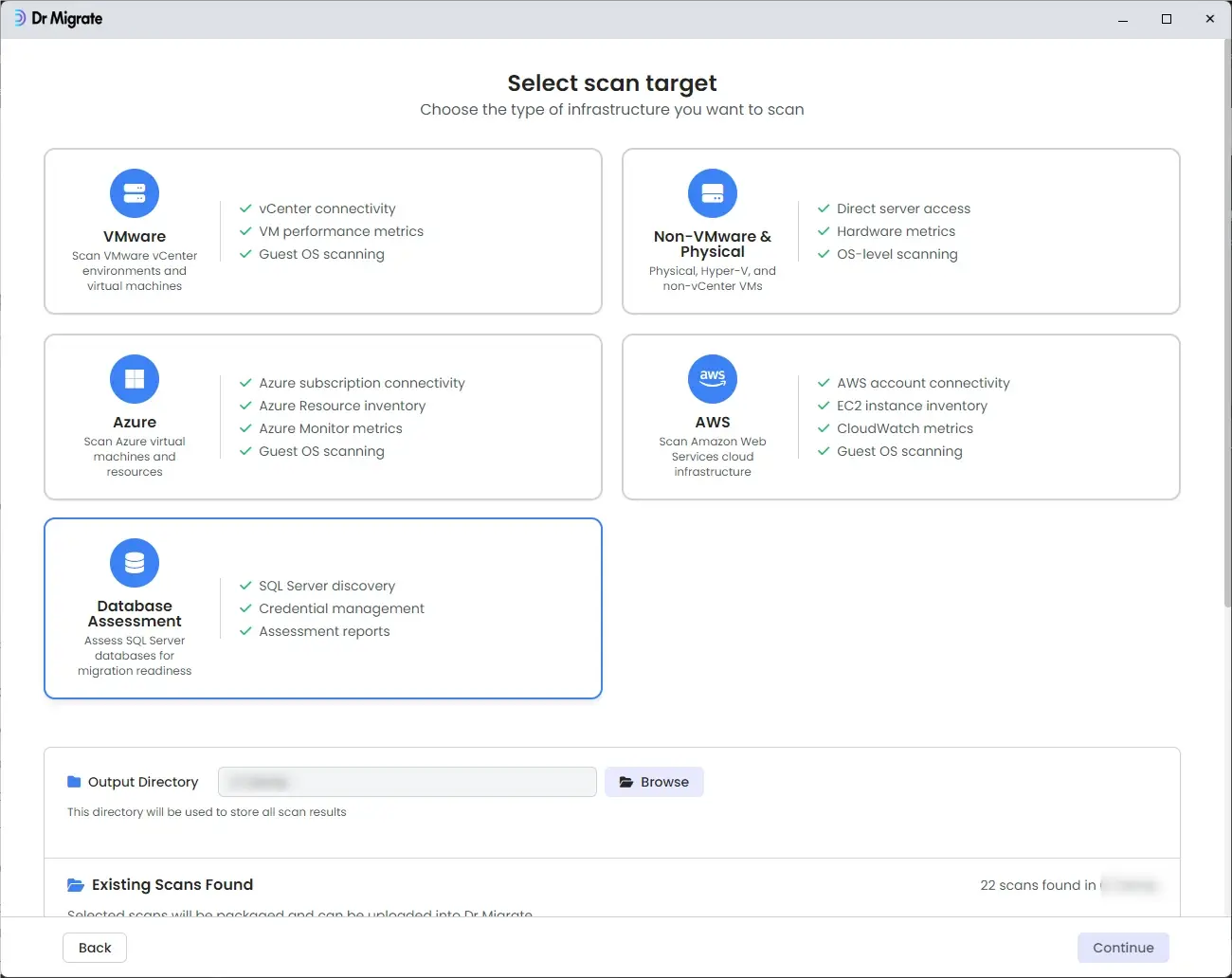 DMC scan target selection screen with Database Assessment highlighted