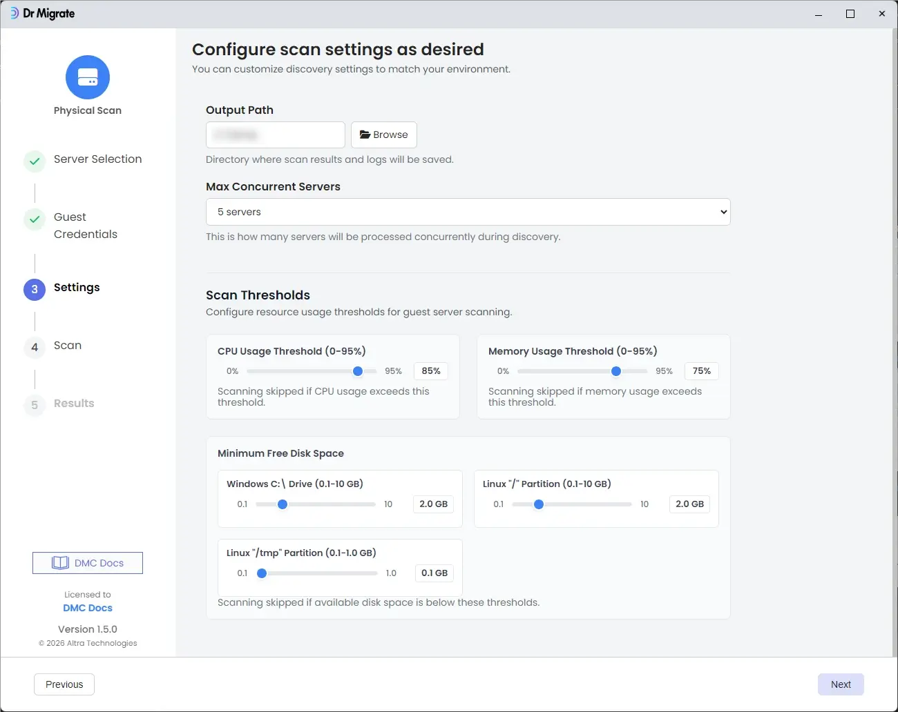 DMC Settings screen showing scan threshold configuration