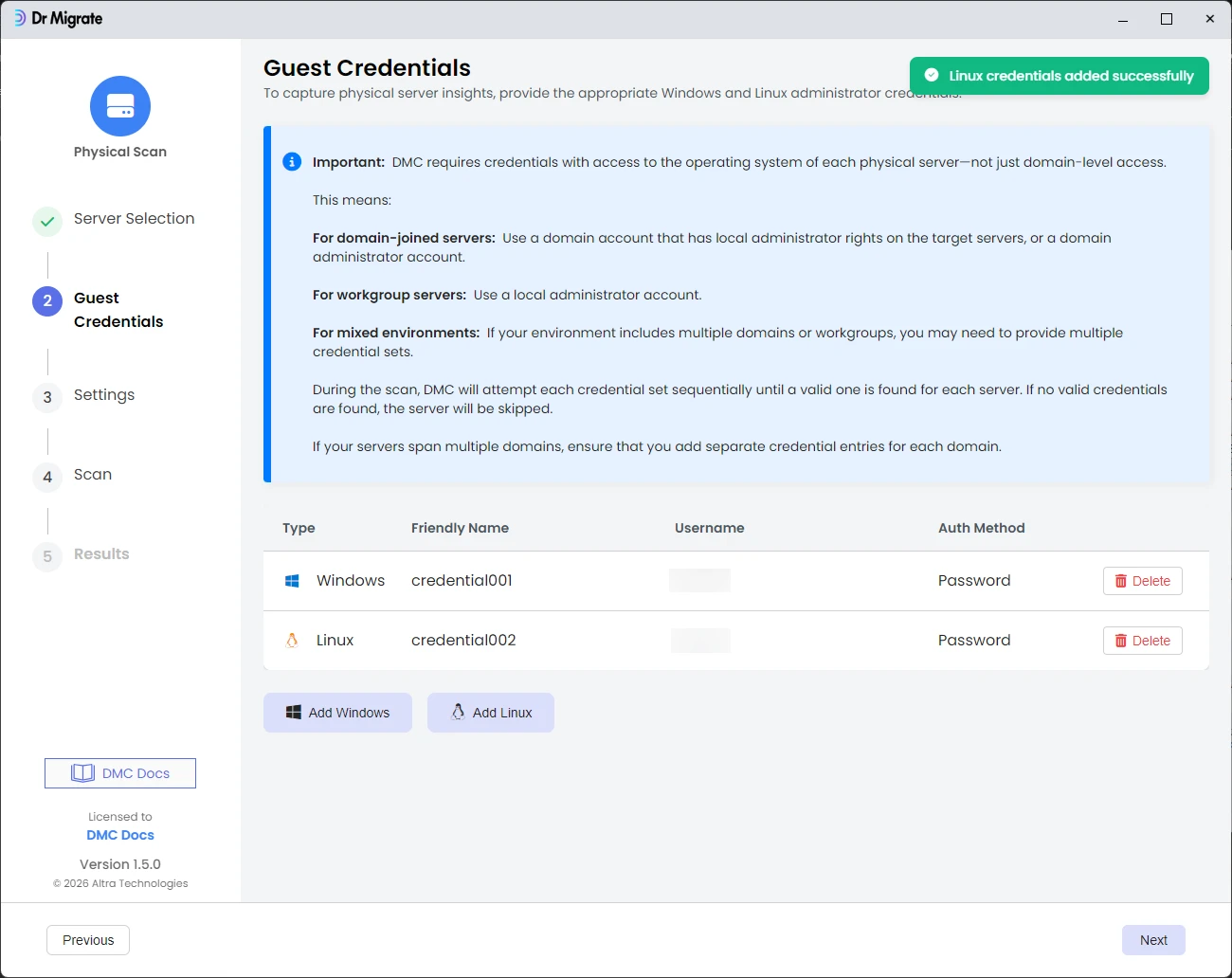 Guest credentials list showing added credential entries