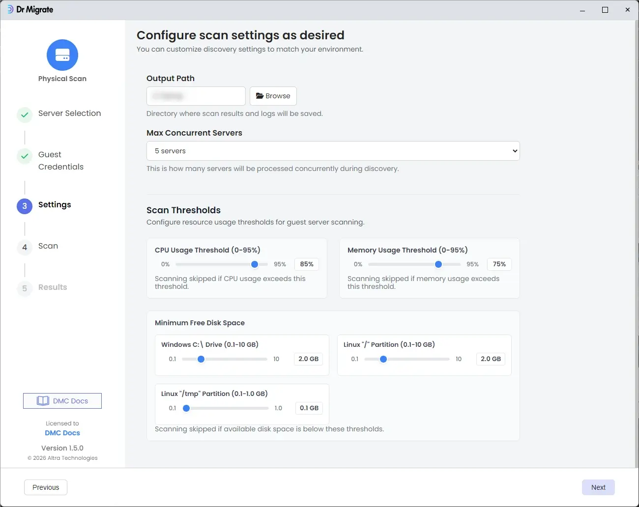 DMC Settings screen showing scan threshold configuration