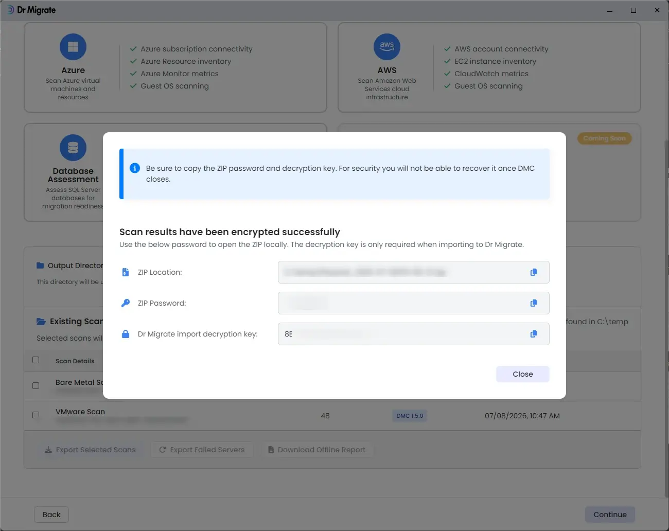 Export complete screen showing ZIP password and decryption key