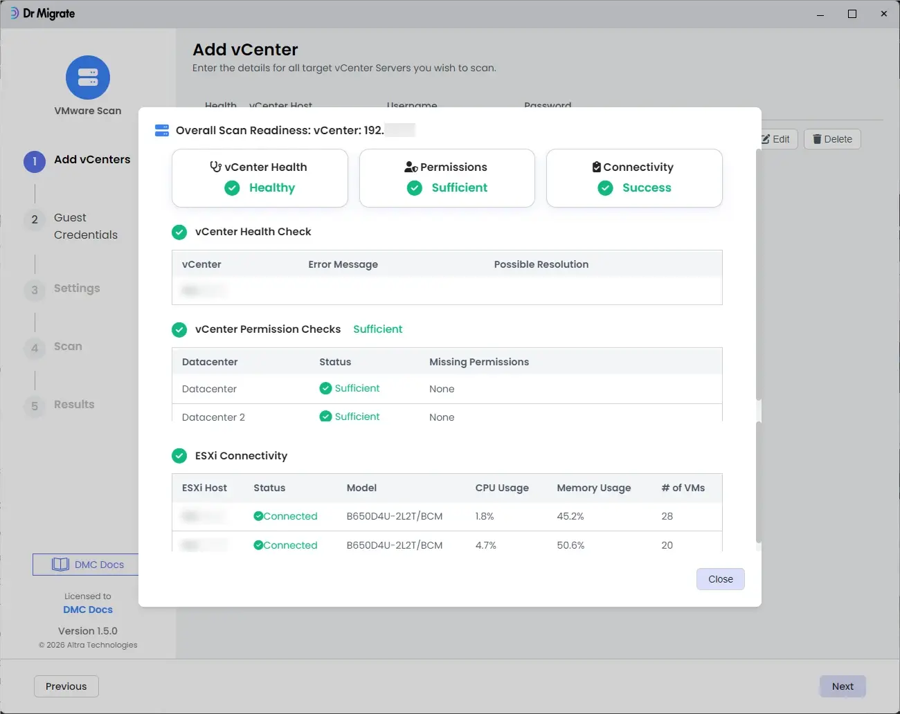 vCenter scan readiness summary