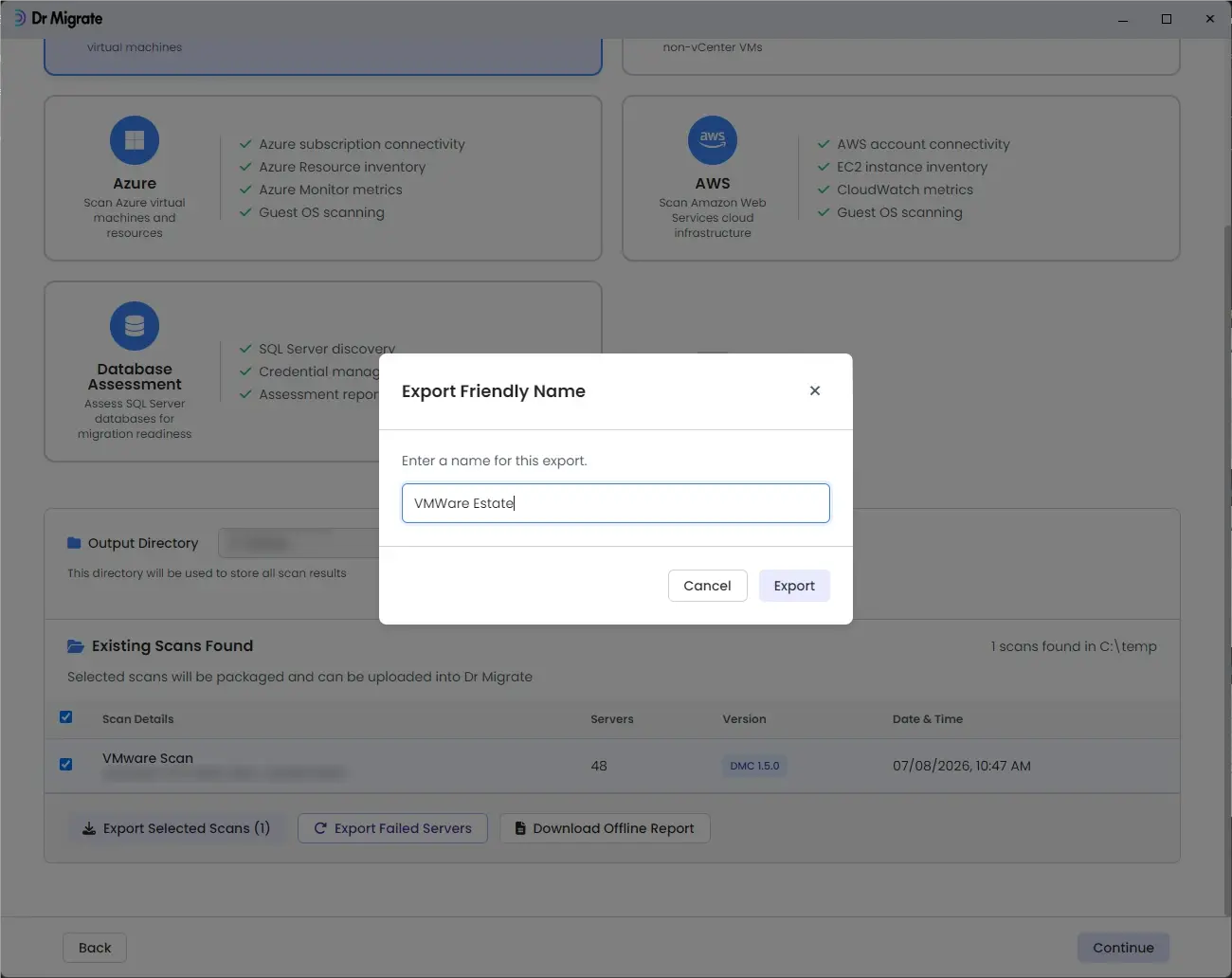 Export scan modal dialog with friendly name field