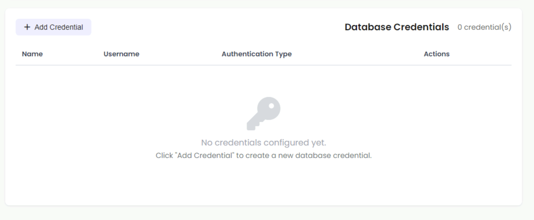 Database Credentials screen showing credential management interface