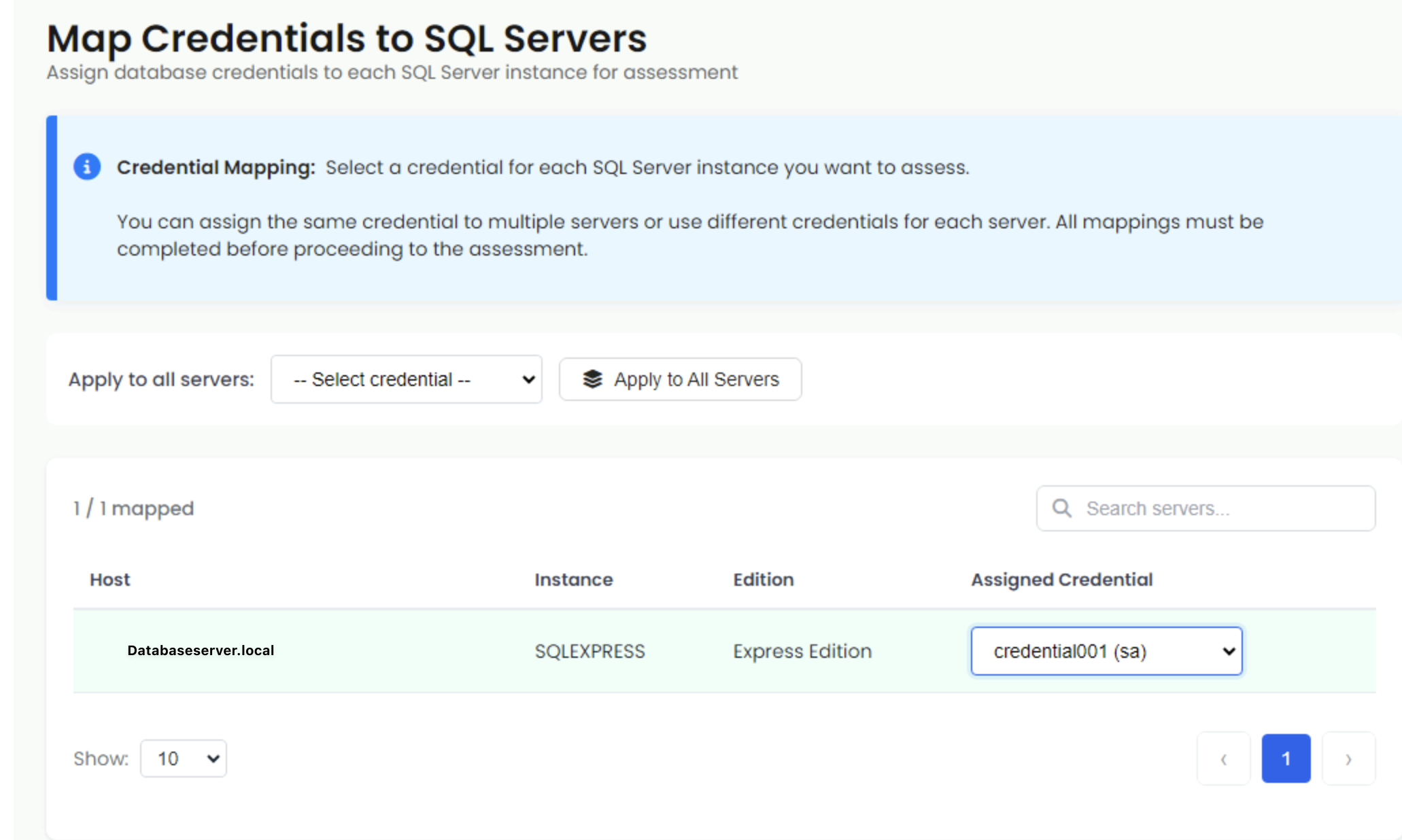 Credential Mapping screen showing servers and credential assignment