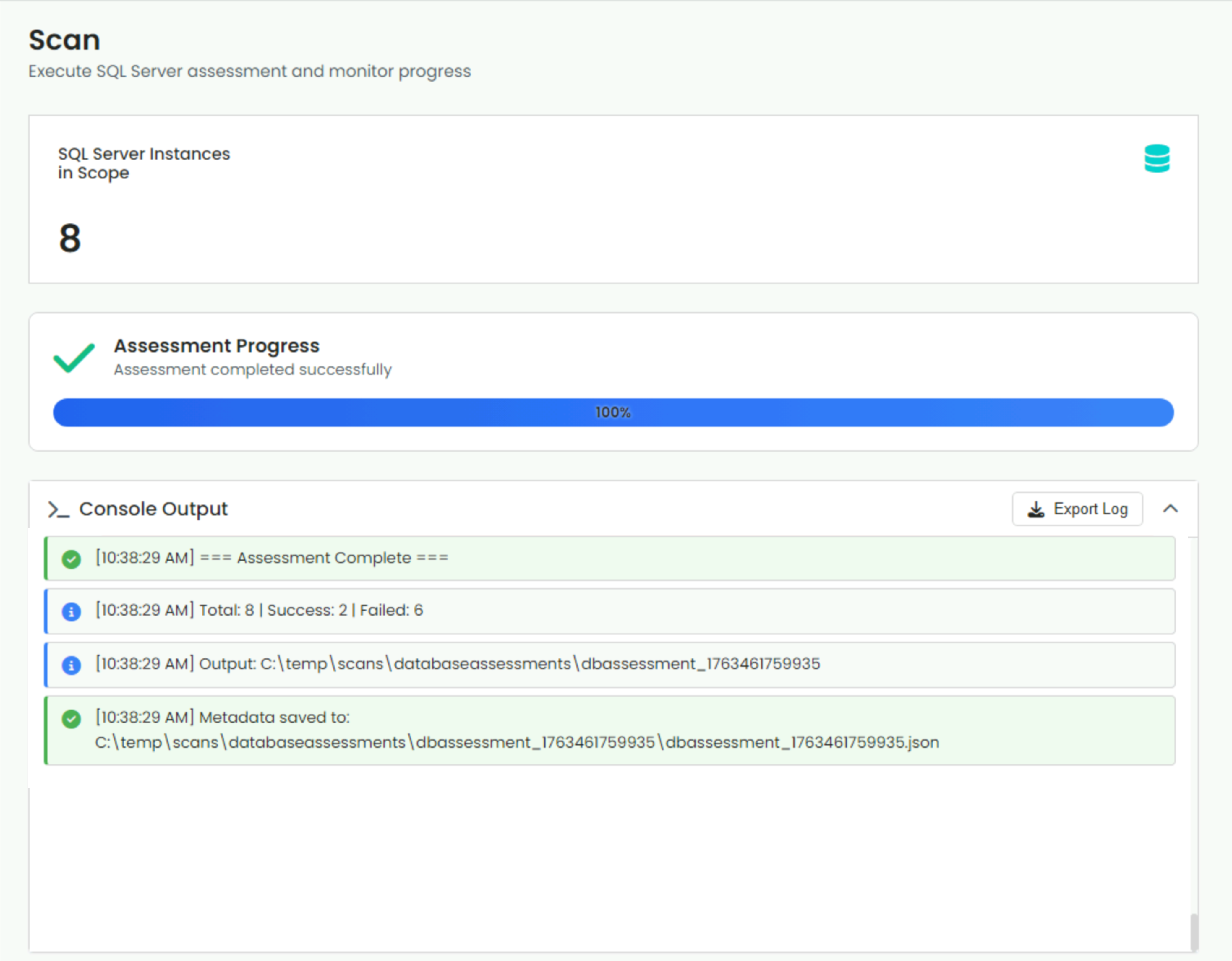 Database Assessment scan screen showing summary and console output