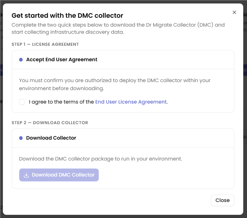 Get started with the DMC collector dialog showing the End User License Agreement checkbox and Download Collector button