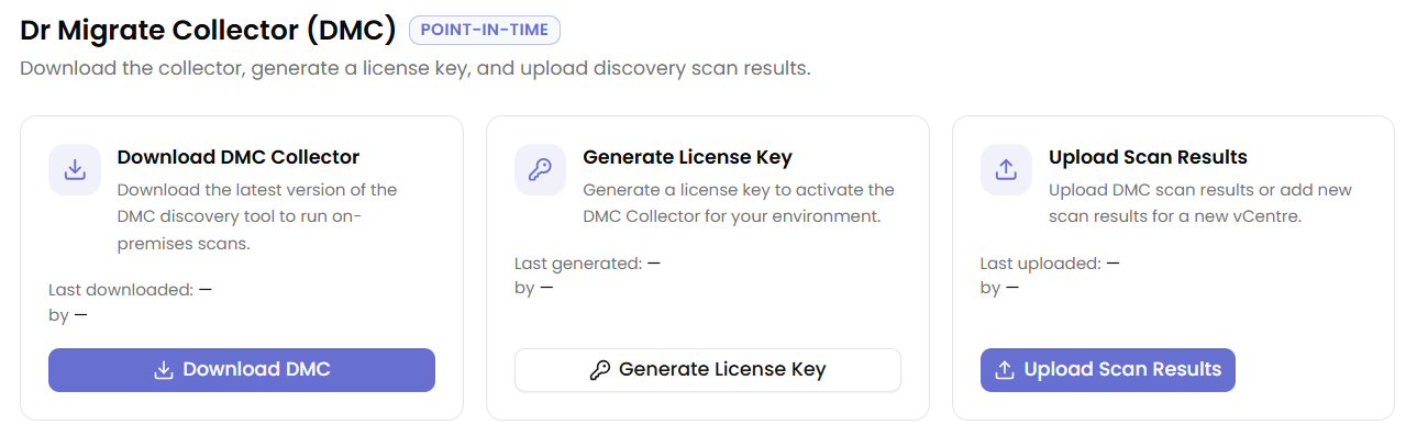 Dr Migrate Collector tab showing three action cards: Download DMC Collector, Generate License Key, and Upload Scan Results