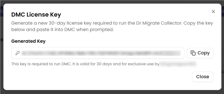 DMC License Key dialog showing the generated key field and Copy button