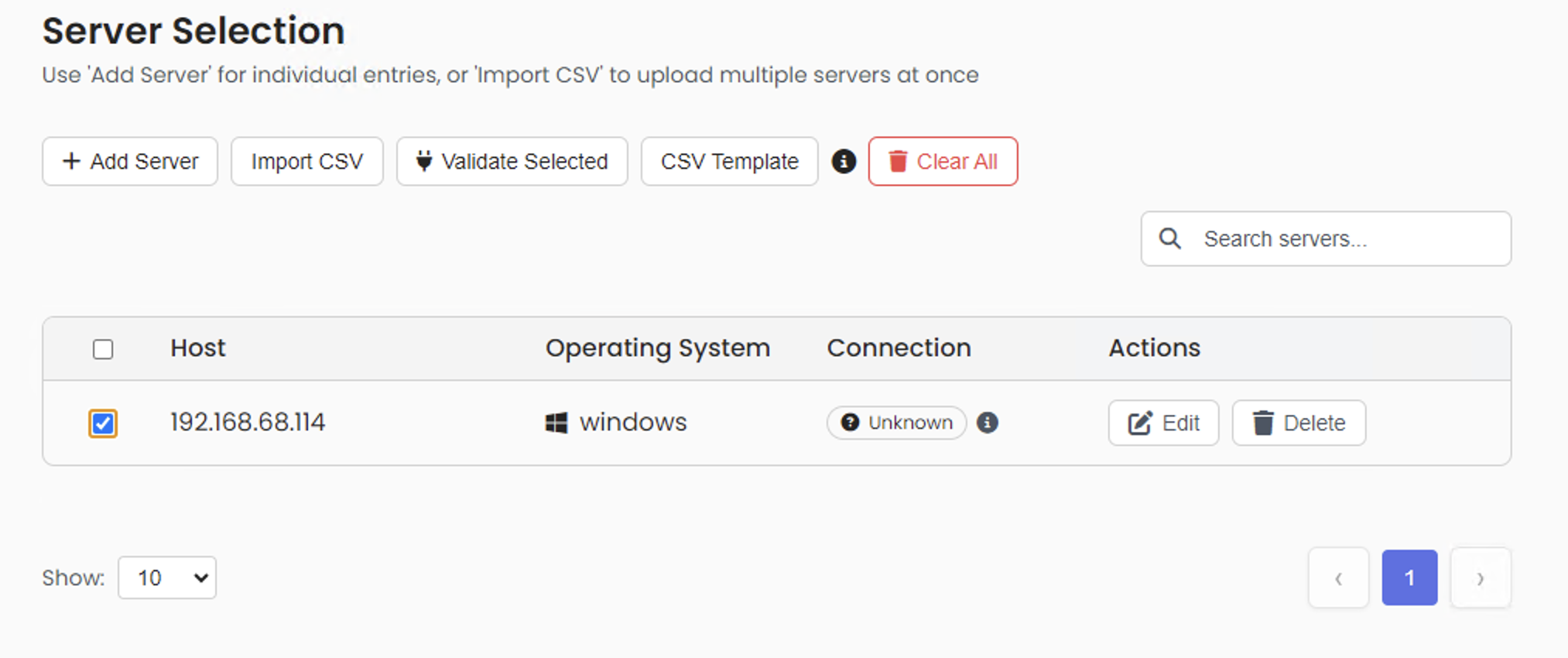 Server validation screen showing selected servers and validate button