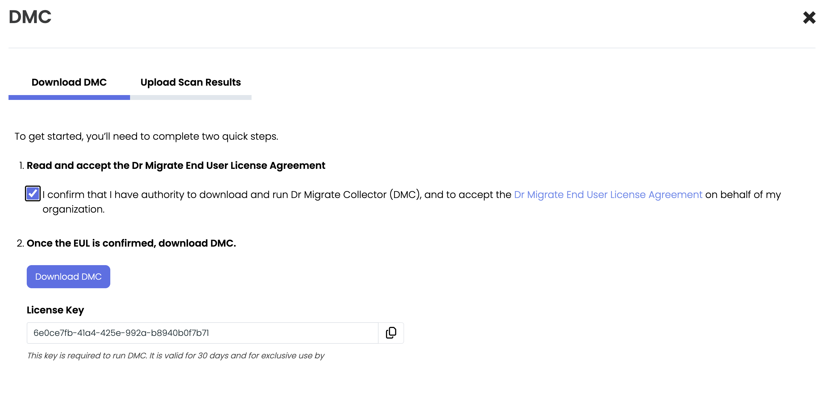 Dr Migrate UI showing the download DMC button and license key.