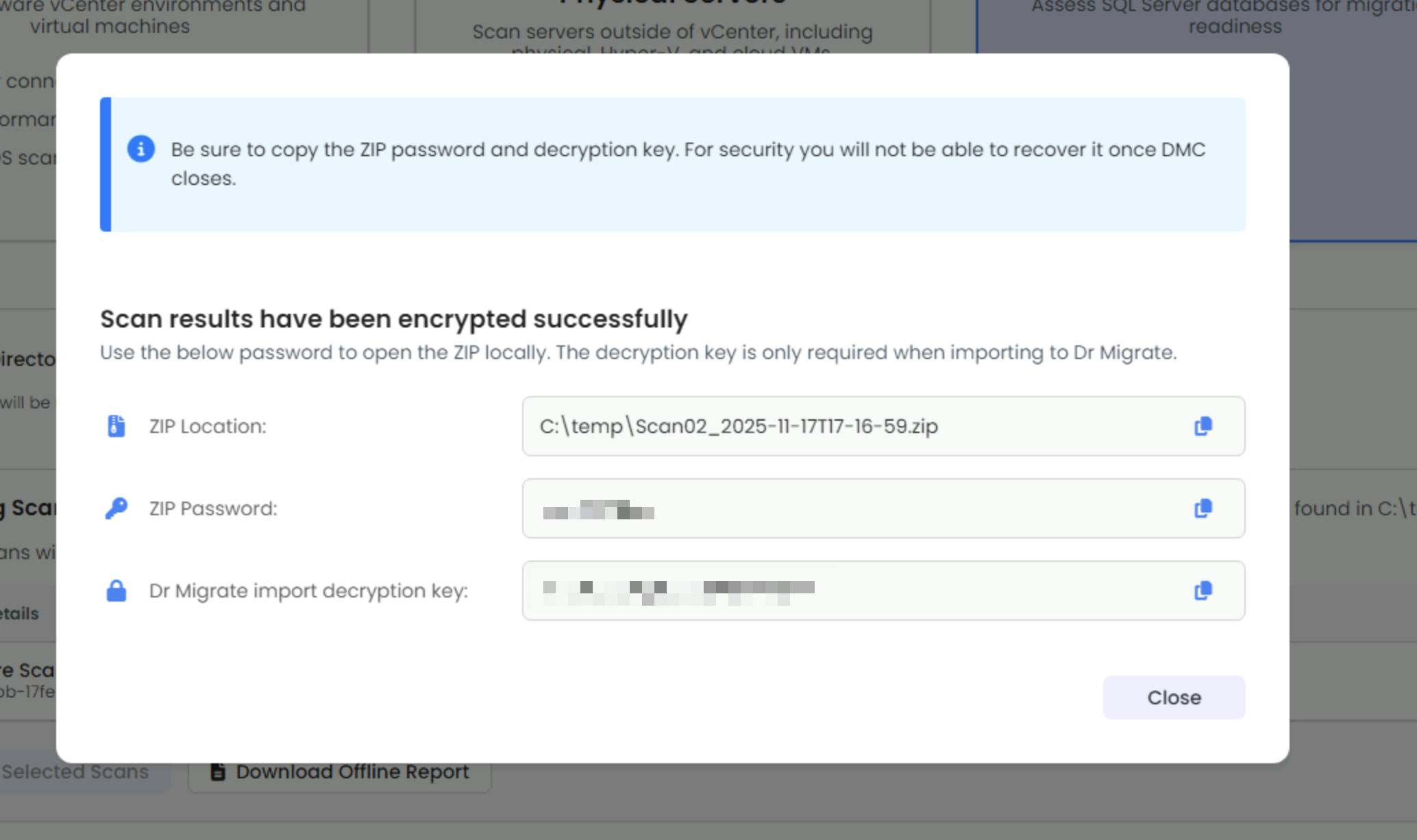 Export Selected Scans button and export modal with friendly name input