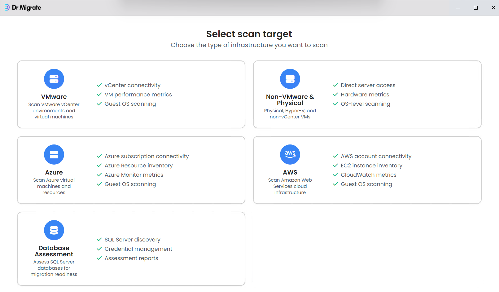 DMC Select scan target screen showing VMware, Non-VMware & Physical, Azure, AWS, and Database Assessment options