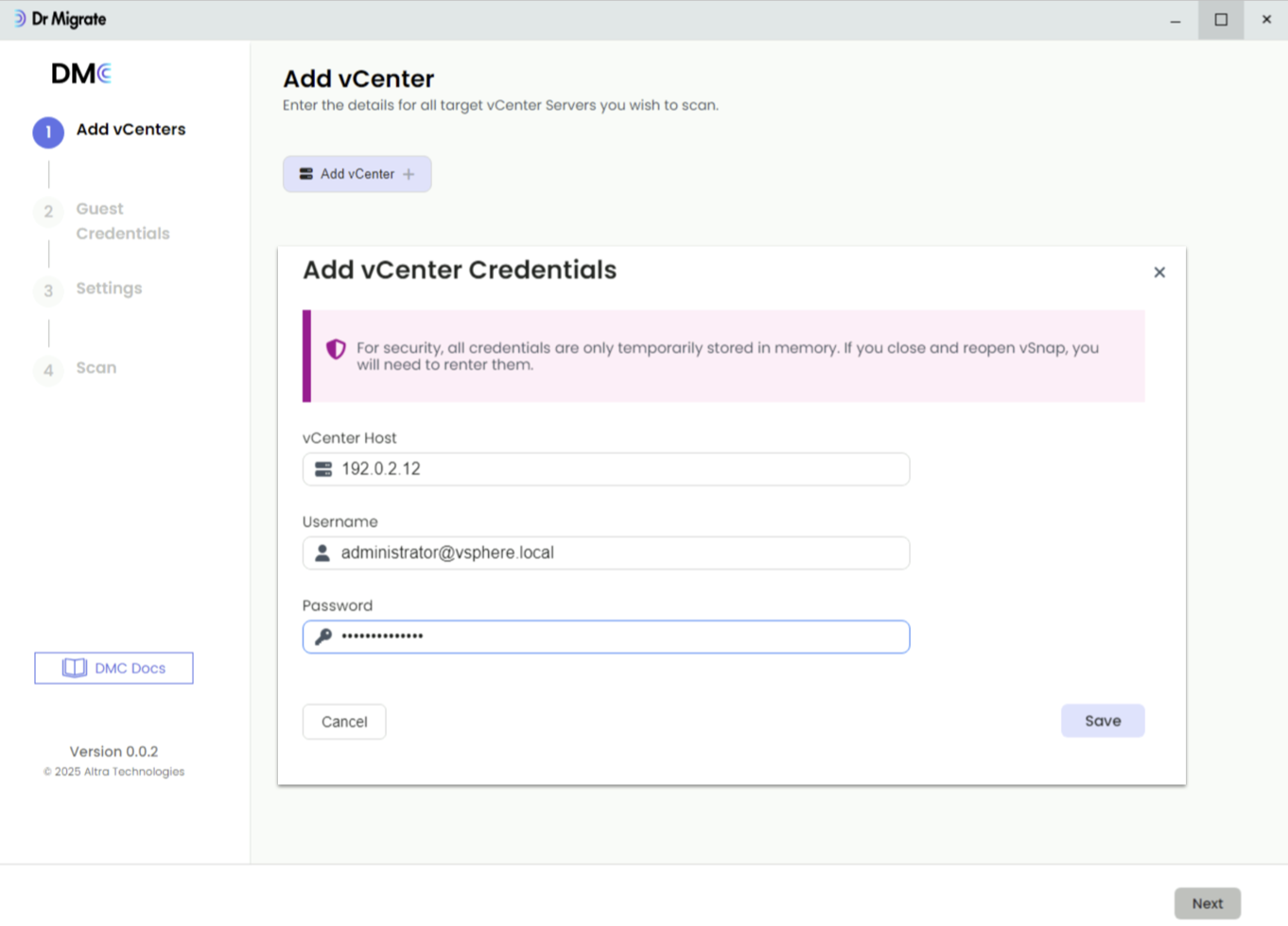 DMC interface showing the Add vCenter button and form for entering vCenter connection details including host, username, and password fields