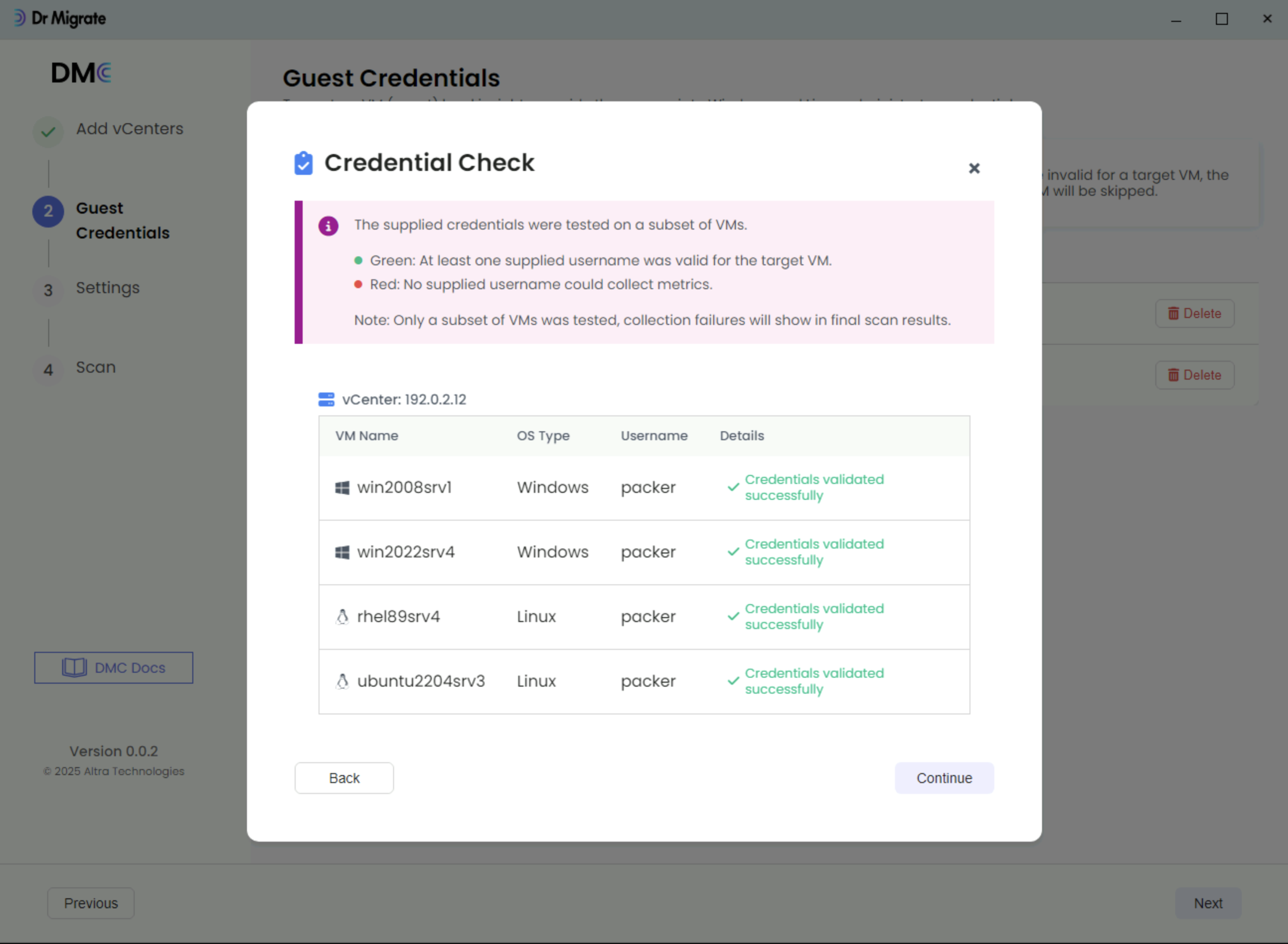 DMC credential validation screen showing the status of Windows and Linux credential verification across servers