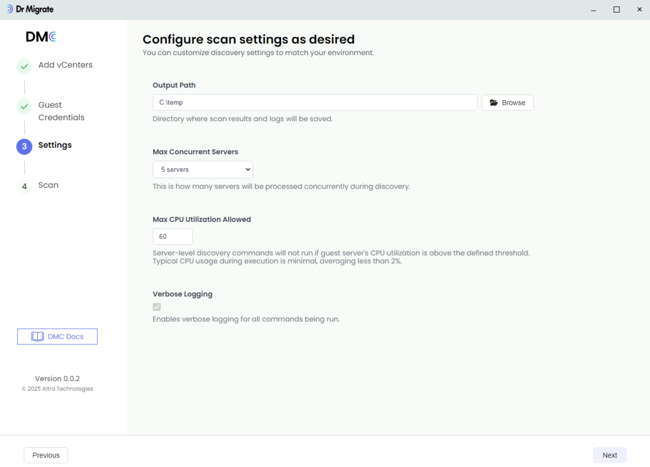 DMC settings configuration screen with options for output path, concurrent server limit, and CPU utilization threshold