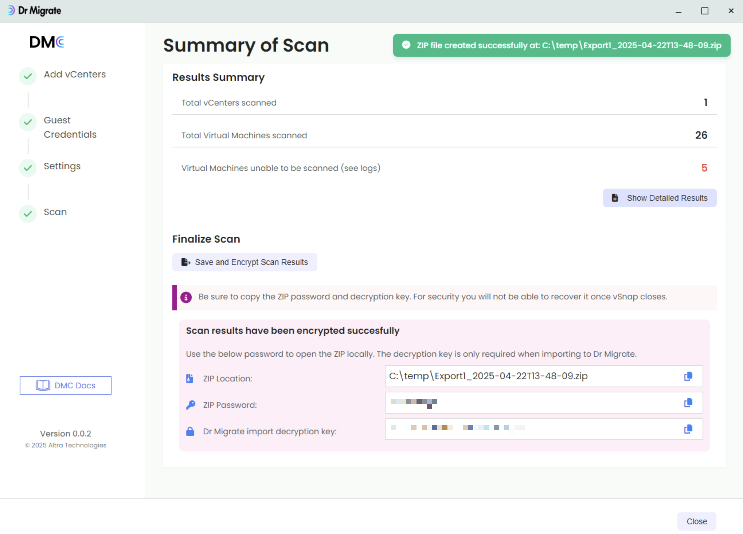 DMC scan results screen displaying the encryption details including ZIP password and decryption key fields