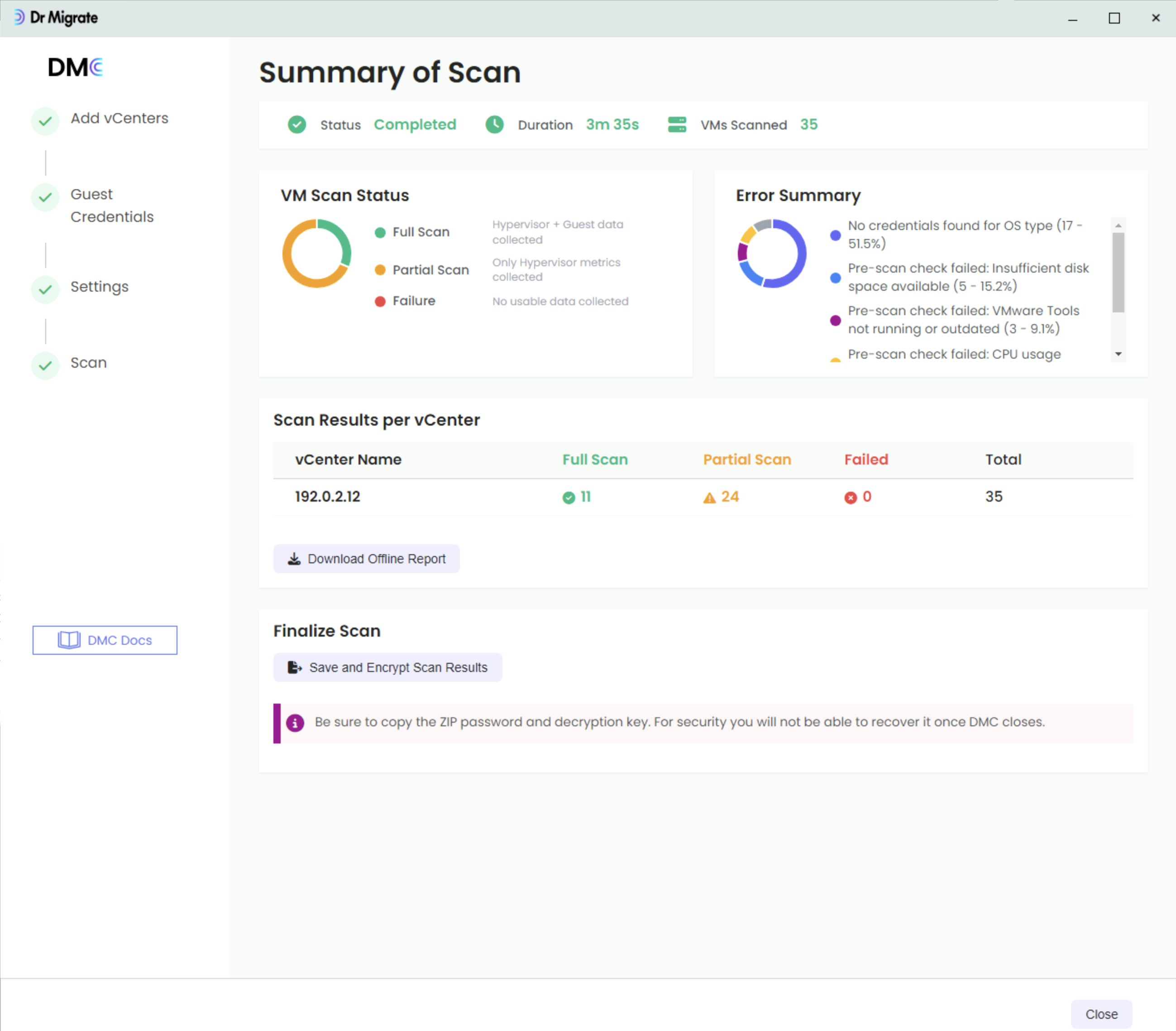 DMC Scan Summary screen showing collection results and error breakdown