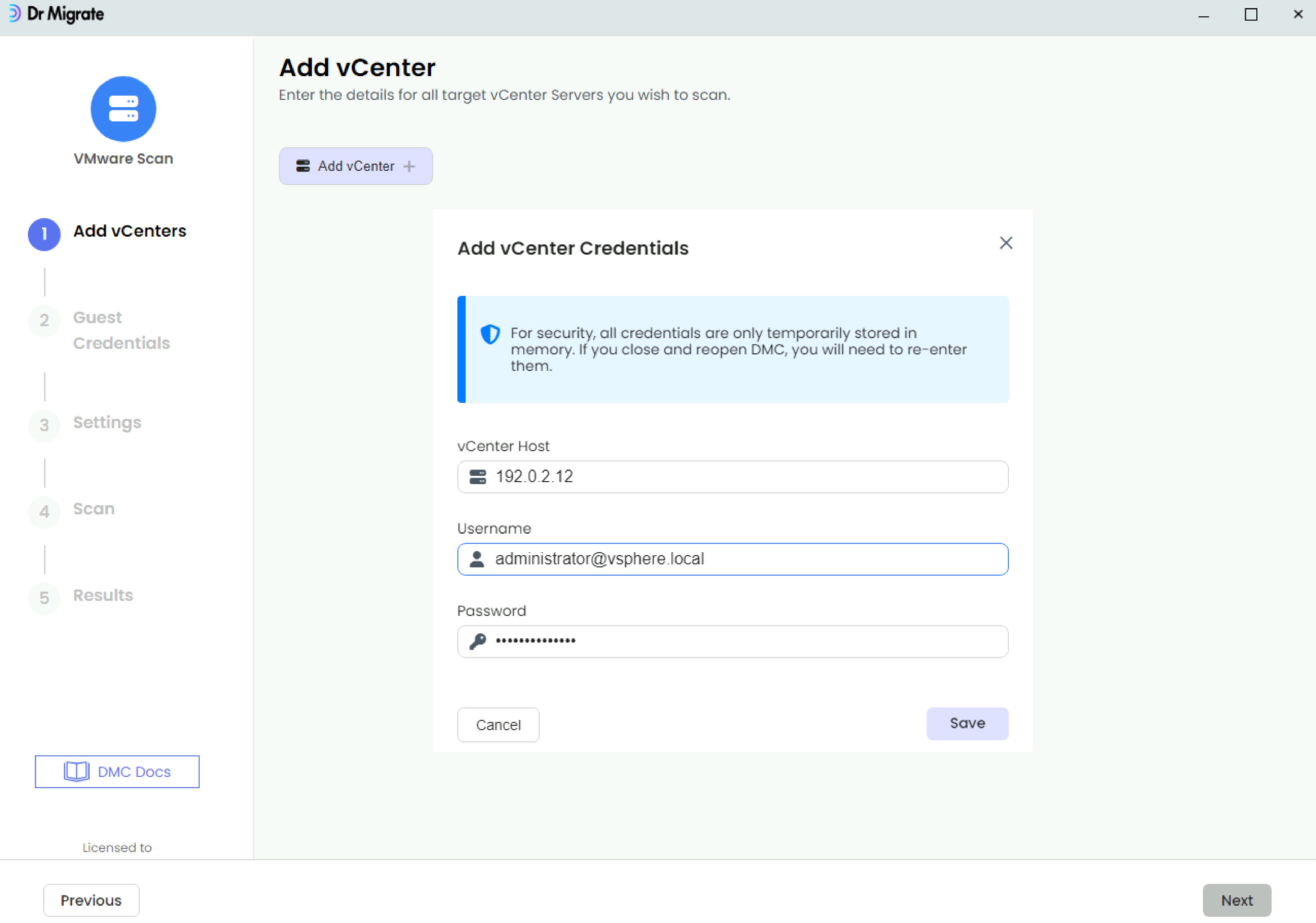 DMC interface showing the Add vCenter button and form for entering vCenter connection details including host, username, and password fields