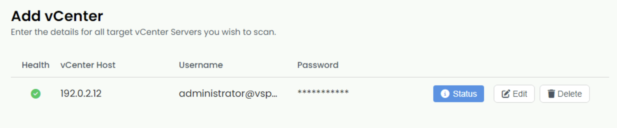 DMC interface showing connection status of added vCenters