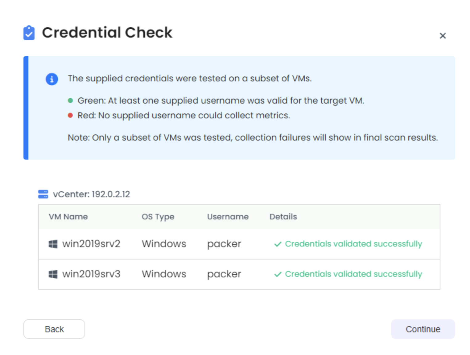 DMC credential validation screen showing Windows and Linux verification results