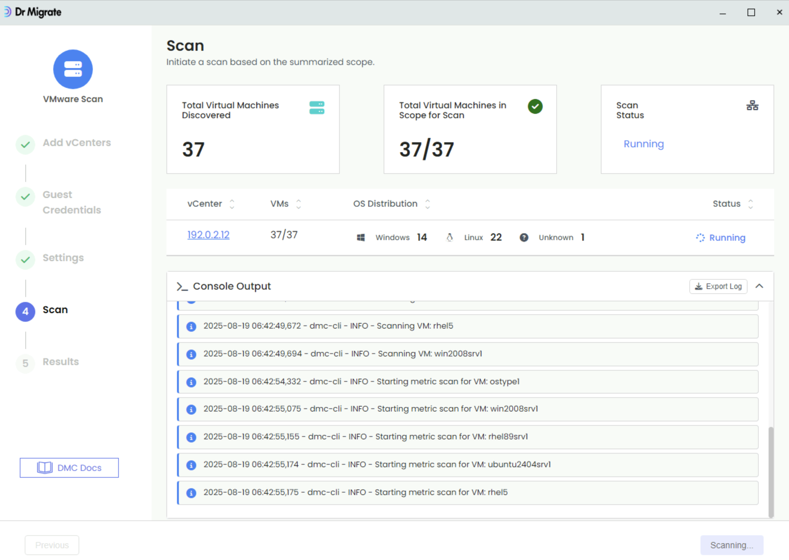 DMC scan preparation screen showing discovered servers list, CSV options, search, and filters