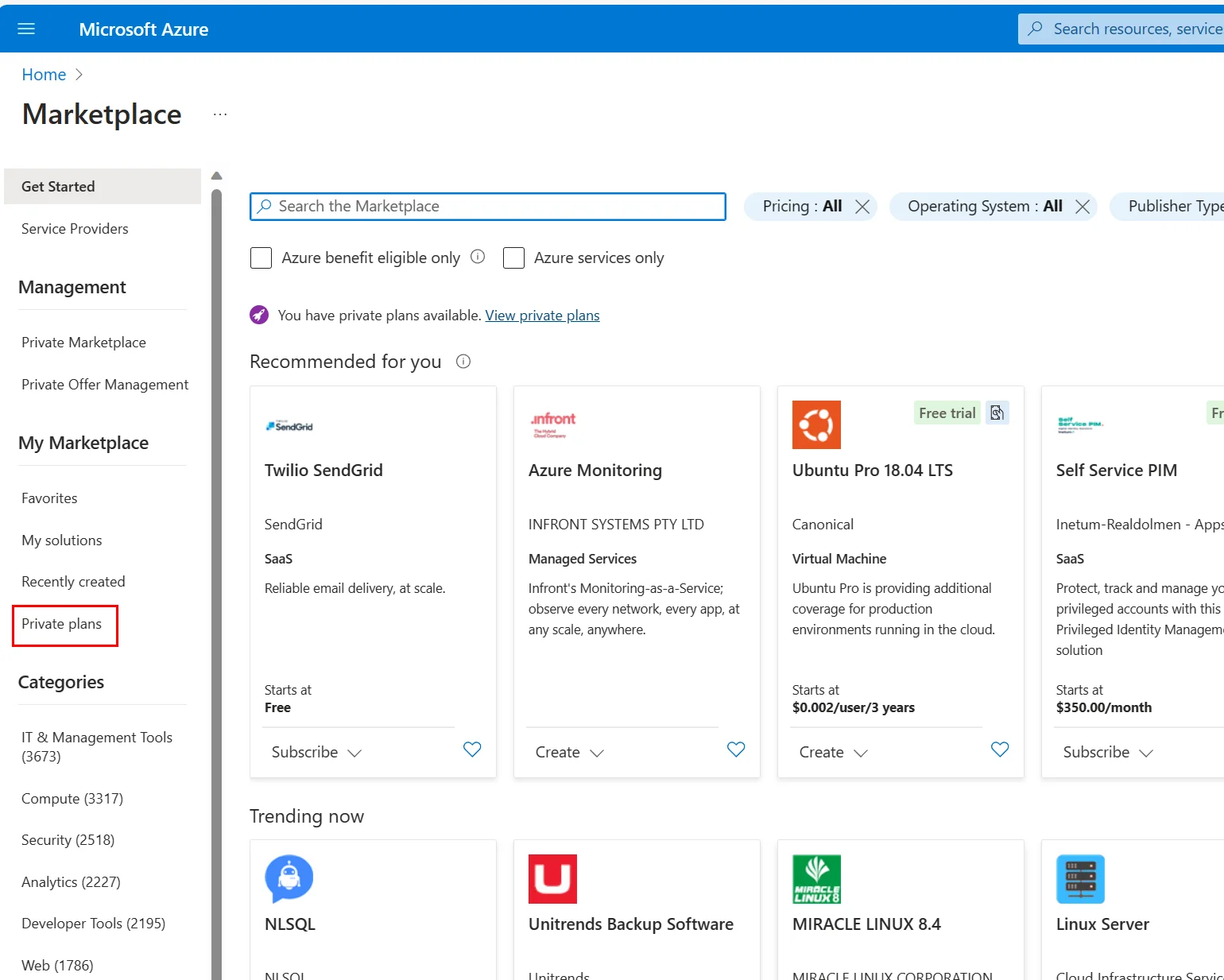 Azure Marketplace Private Plans