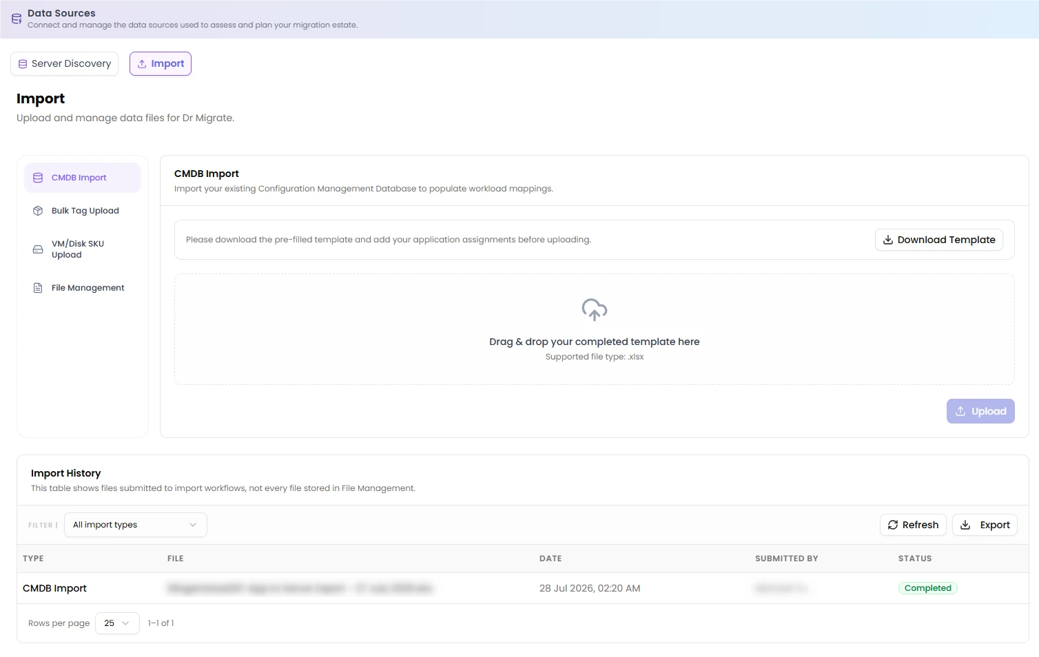 The Import mode showing the CMDB Import, Bulk Tag Upload, VM/Disk SKU Upload and File Management sub-nav and the shared Import History table.