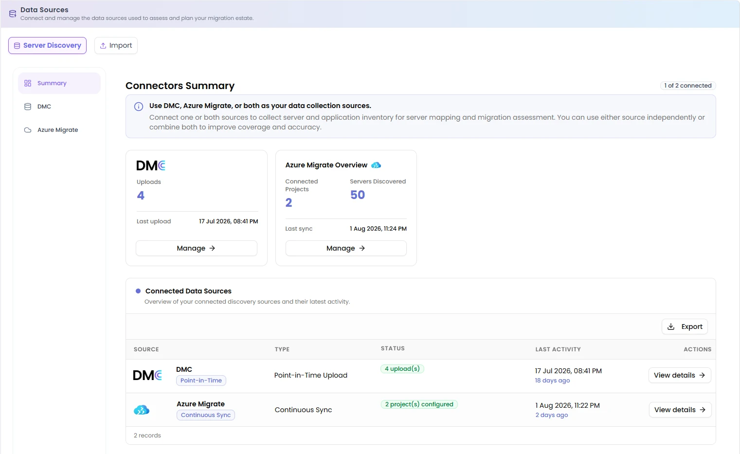 The Data Sources screen showing the Server Discovery Summary with the Connectors Summary cards and the 'Connected Data Sources' status table.