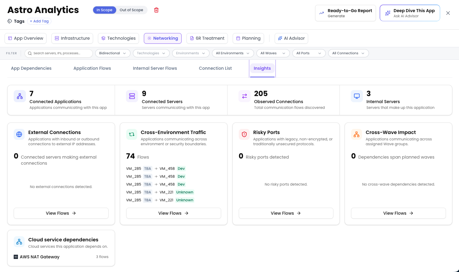 The Insights sub-tab of the Application Drawer's Networking tab, with the Cloud service dependencies card listing AWS NAT Gateway with 3 flows.